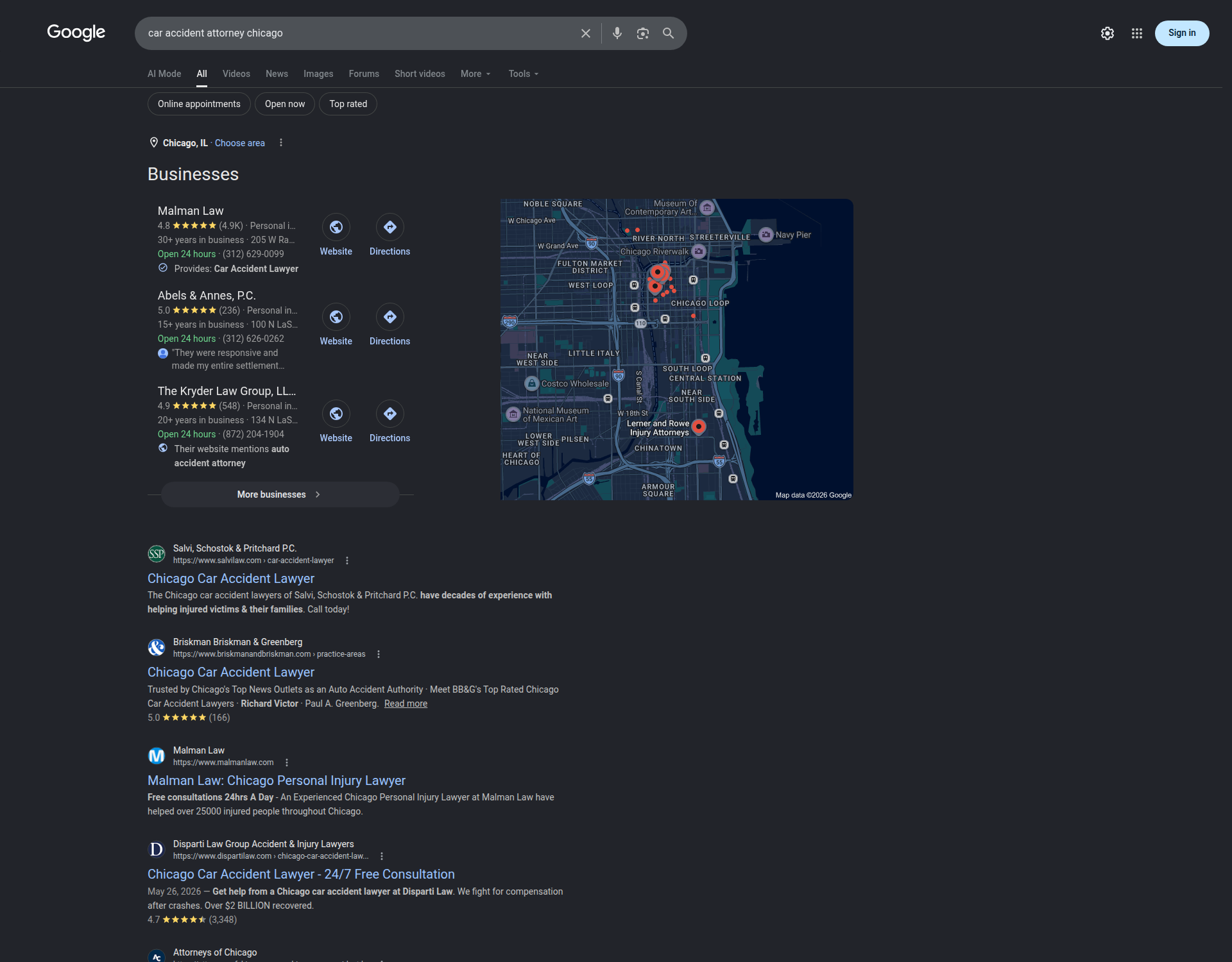 Desktop Google search results for a Chicago car accident attorney showing the local map pack with Website and Directions buttons and competing organic law firm results