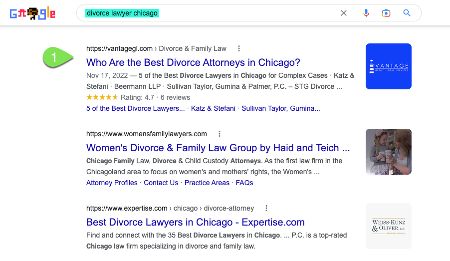 divorce lawyer SEO google organic result