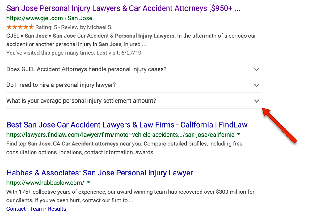 FAQ Rich Results showing for a personal injury lawyer