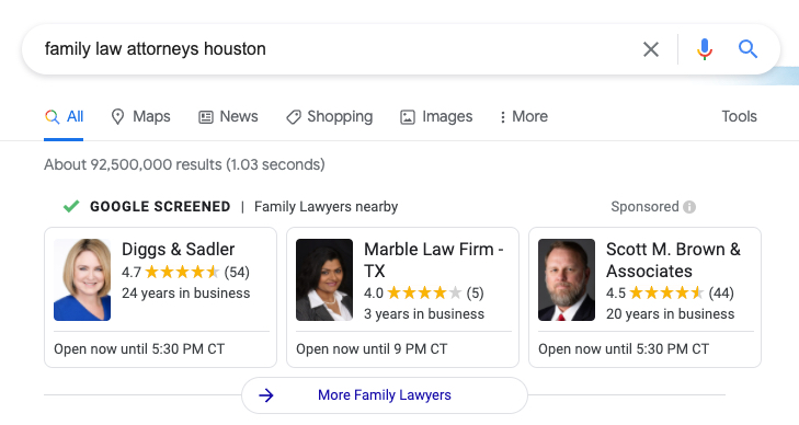 get family law clients google local service ads