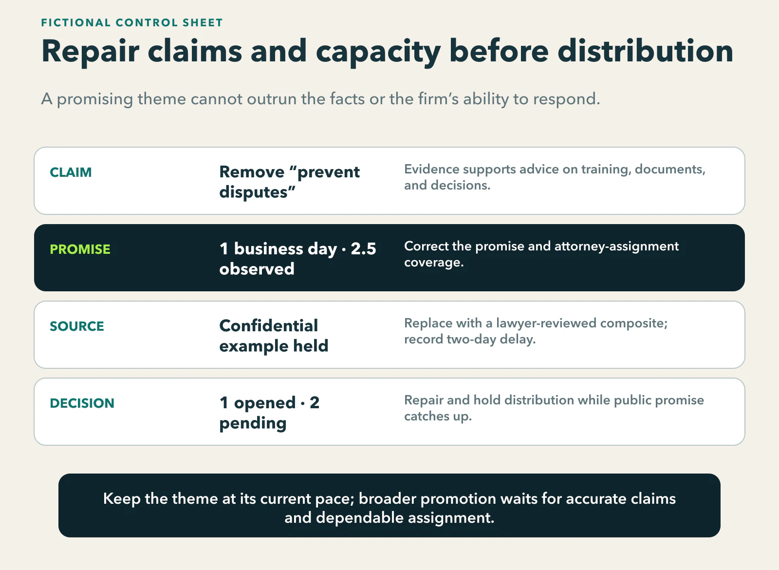 Fictional seven-lawyer employment-firm control sheet: remove an unsupported claim that the firm prevents disputes; correct a one-business-day attorney response promise when the observed median is 2.5 days; hold and replace a confidential example with a reviewed composite; and, after one opportunity opens and two remain pending, repair operations and hold wider distribution.