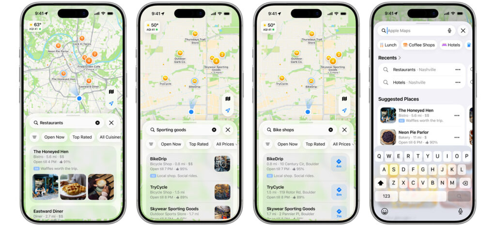 Four iPhones showing restaurant and bicycle-business ad placements in Apple Maps.