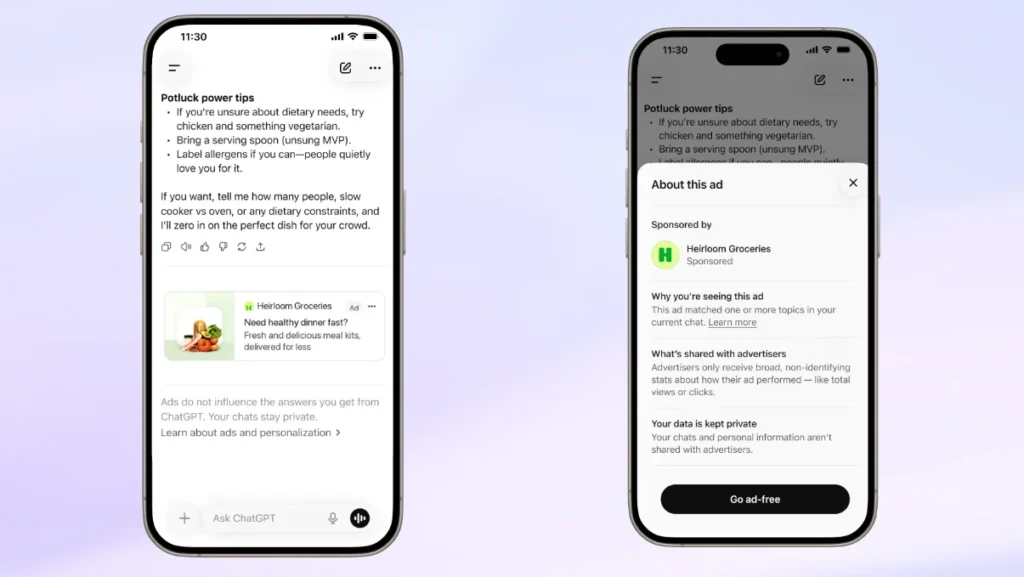 Two phones show a sponsored Heirloom Groceries card below a ChatGPT response and the About this ad panel.
