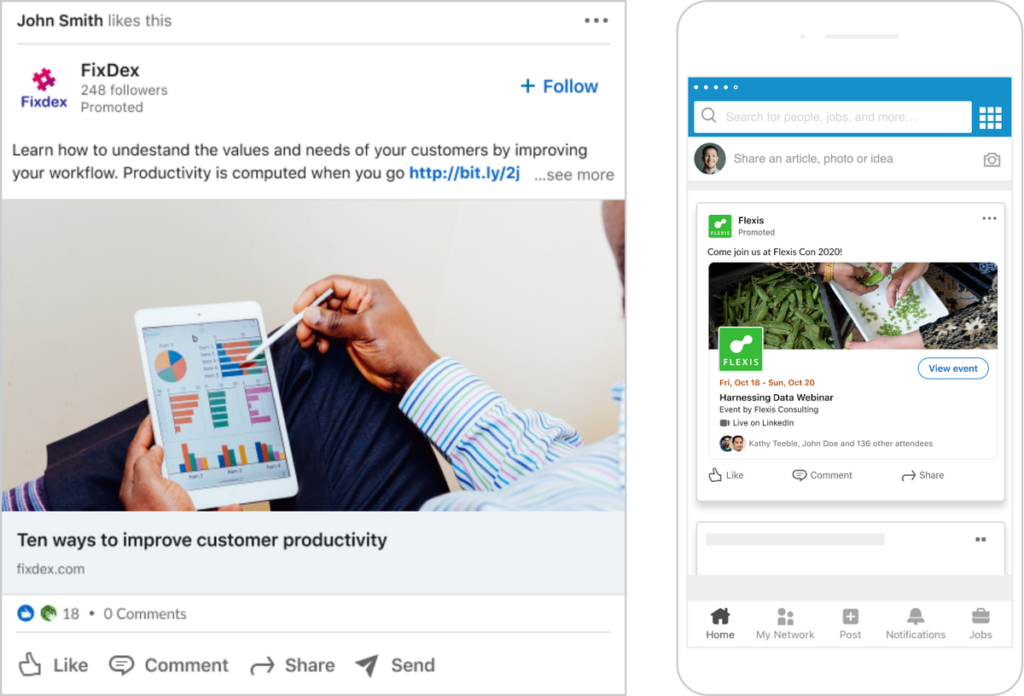 Desktop and mobile LinkedIn feeds showing sponsored posts for FixDex and Flexis.