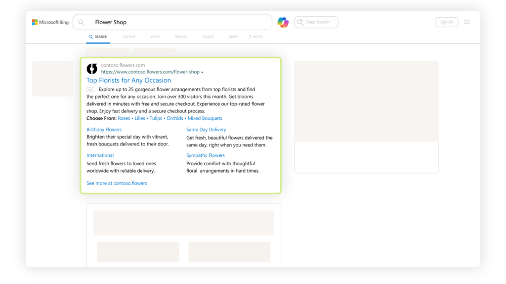Bing search results for a flower shop with a highlighted Contoso responsive search ad and sitelinks.