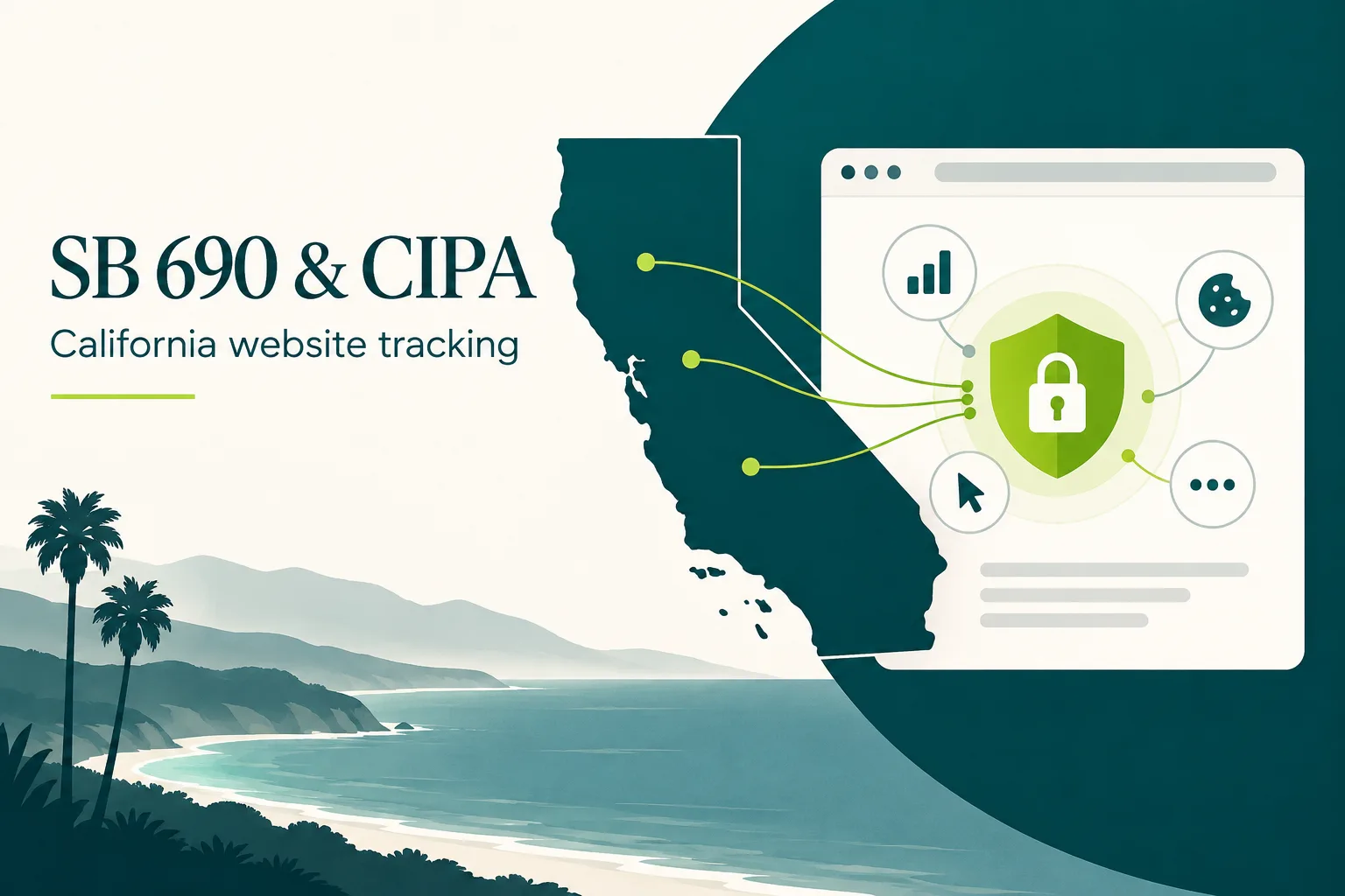 Illustration of California website tracking, cookies and privacy safeguards for SB 690 and CIPA.