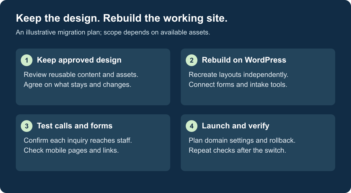 Illustrative Scorpion migration plan: keep approved design, rebuild on WordPress, test intake, and verify the launch.