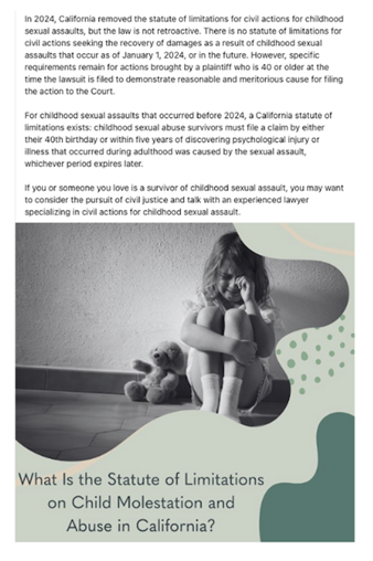 A LinkedIn post sharing changes in the statute of limitations is important for a personal injury firm that handles civil lawsuits involving childhood sexual assault. 