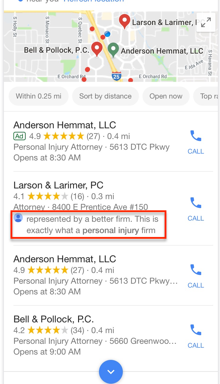 Lawyer review snippet search result example