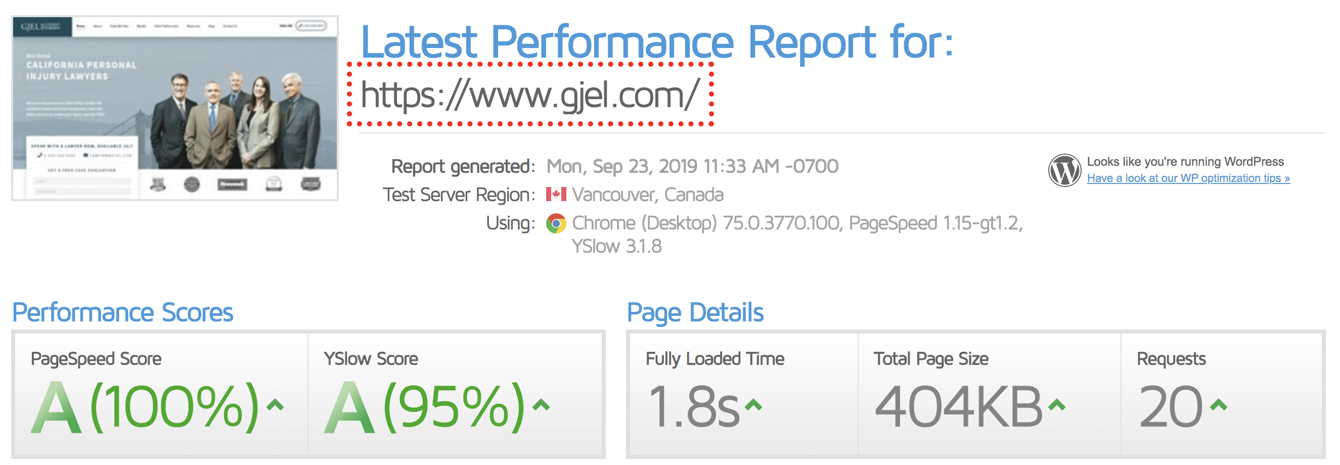 An example of GJEL.com page speed loading at 1.8 seconds