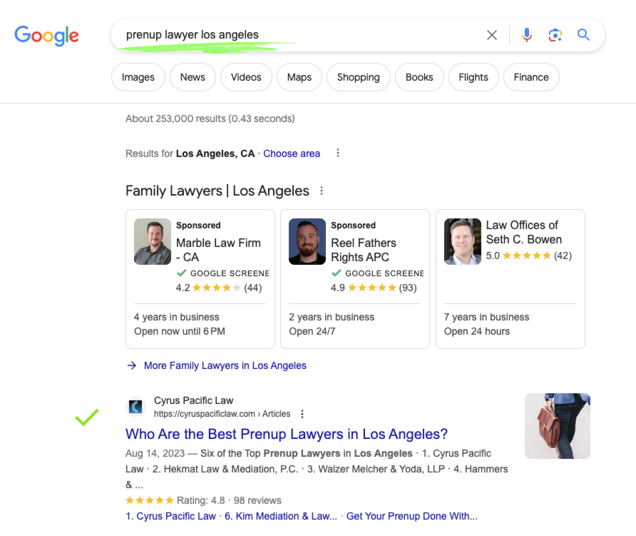 ranking example: prenup lawyer los angeles