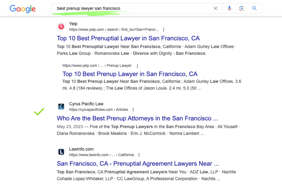 ranking example: prenup lawyer san francisco