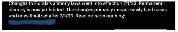 An example of a quick statutory update shared on “X” explains the changes to Florida’s alimony laws last year.